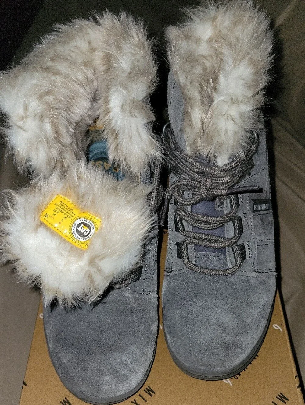 Caterpillar Gray Suede Faux-Fur Wedge Ankle Boots